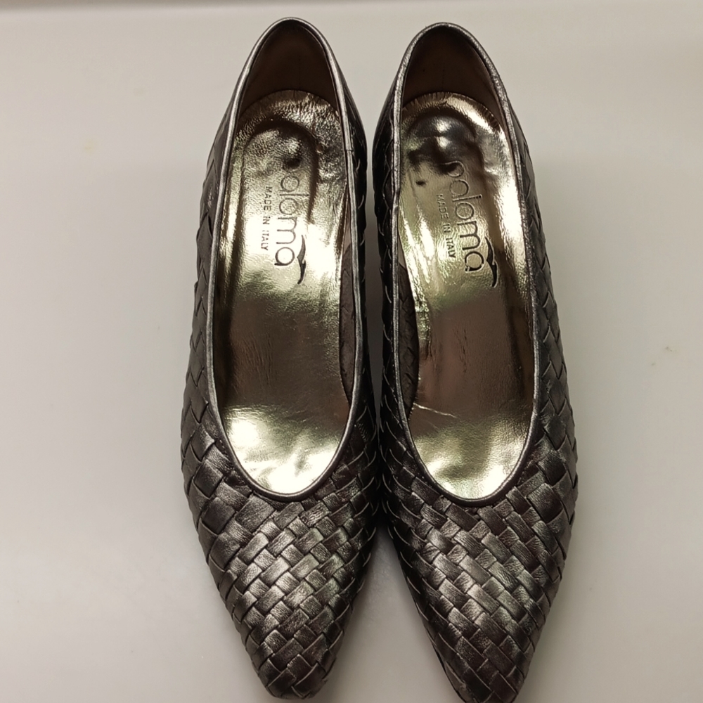 Woven leather metallic heels